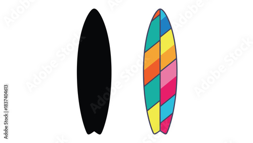 Colorful surfboard and a black silhouette side by side illustration
