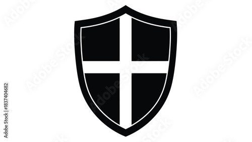 A black shield with a white cross emblem a classic heraldic design