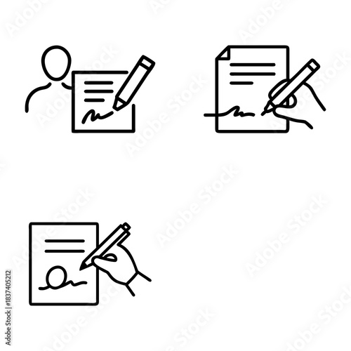 Three black and white outline icons illustrate writing or signing documents. The top left icon shows a person next