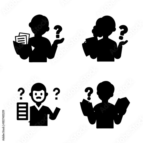 Silhouette icons depict four individuals holding documents and question marks. Each figure expresses