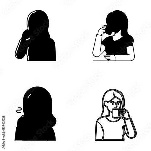 Four illustrations depict women drinking from cups. The top left and bottom left images
