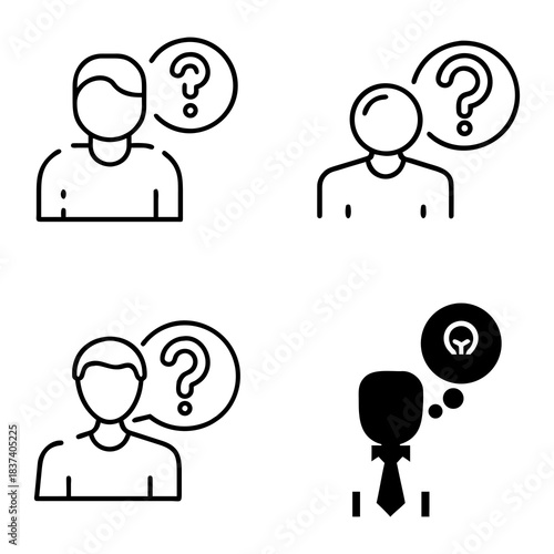 Four outlined icons depict human silhouettes with question marks or a lightbulb in thought bubbles