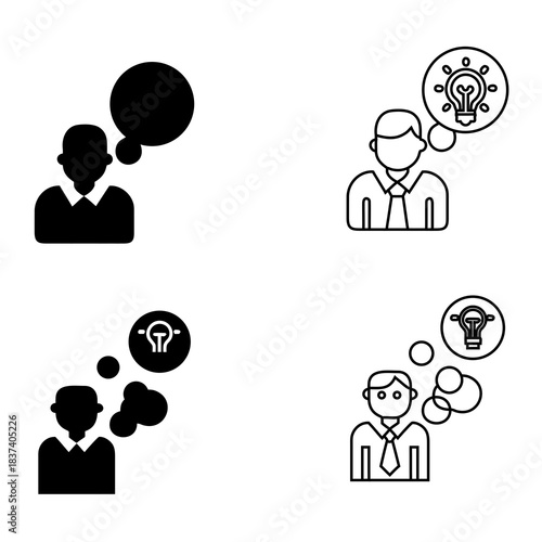 Two rows of icons depict people with thought bubbles. The top left features a solid silhouette