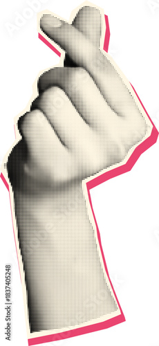 Retro Halftone Heart Hands Vintage Pop Art Love Gesture Illustration With Pink Outline, Charity Support Romance Symbol, Isolated Hands Forming Heart Sign