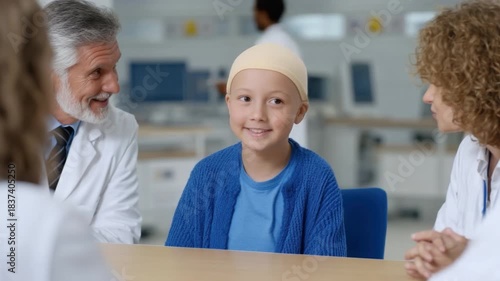Smiling child in medical consult with healthcare professionals in modern clinic environment showing hope and support in illness 4k video footage