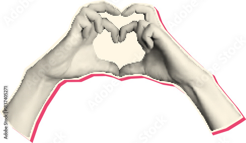 Retro Halftone Heart Hands Vintage Pop Art Love Gesture Illustration With Pink Outline, Charity Support Romance Symbol, Isolated Hands Forming Heart Sign