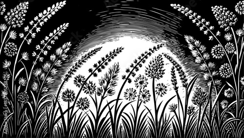 Very beautiful collection of delicate grass and wildflower silhouettes arranged gracefully on crisp white background, emphasizing natural shapes, botanical elegance, and minimalist style for decorativ