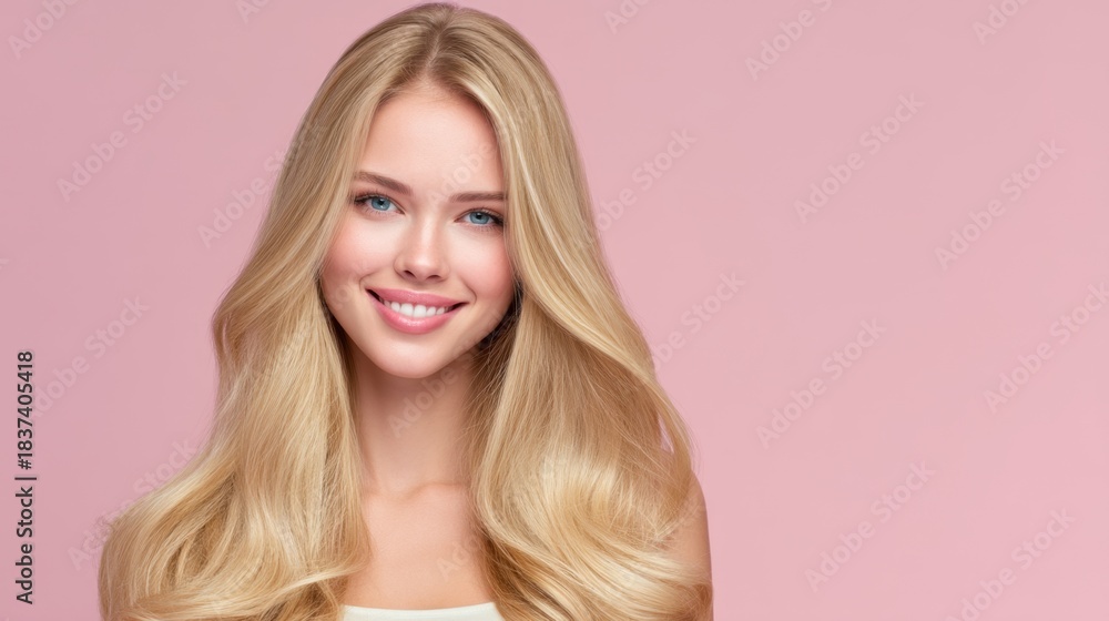 Naklejka premium A young woman stands in front of a light pink background. She smiles while showing her long blonde hair. The setting looks bright and is likely a photo shoot in a studio.
