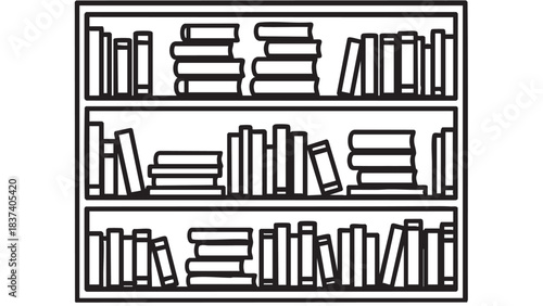 Vector illustration of a business library concept featuring a set of books on black and white shelves with line art furniture and a barcode city symbol design element