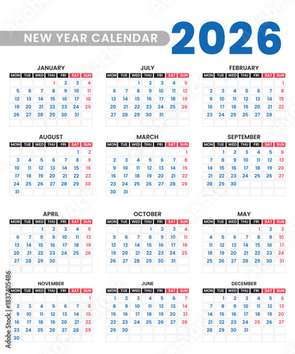 New year calendar 2026, bold blue annual wall planner vector template with monthly grid layout