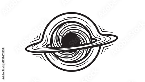 A stylized black and white illustration of a planet with rings viewed from the side in space