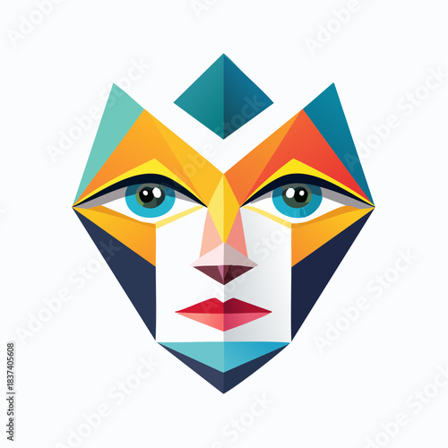 Geometric illustration of a face with intense gaze, vibrant colors, and sharp angles, viewed from the front
