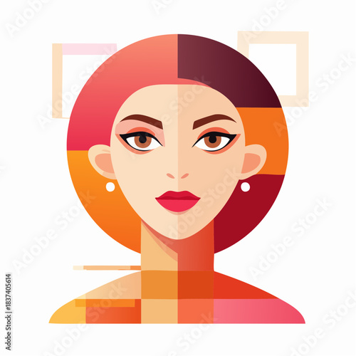 Vibrant illustrated portrait of a woman with diverse facial features in a geometric pattern from a frontal viewpoint