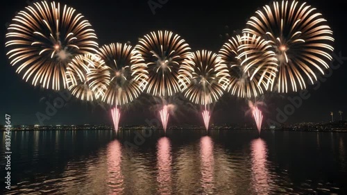 fireworks bursting over peaceful river