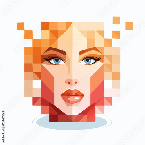 A geometric illustration of a woman's face is viewed from the front, showcasing vibrant colors and pixelated style.