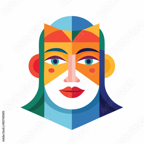 Vibrant illustration of a woman's face with geometric patterns and bright colors from a frontal viewpoint