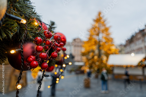 Wallpaper Mural Christmas market at Old Town Square in Prague with the Church of Our Lady before Týn, decorated Christmas tree, festive lights, historic architecture, and magical winter holiday atmosphere. Torontodigital.ca