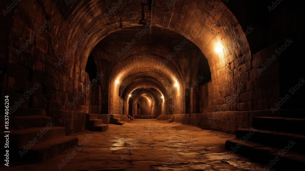 Naklejka premium Visitors walk through a dimly lit underground passage. Stone walls and archways create a historical feeling. Warm lights illuminate the path. This place tells stories of the past.