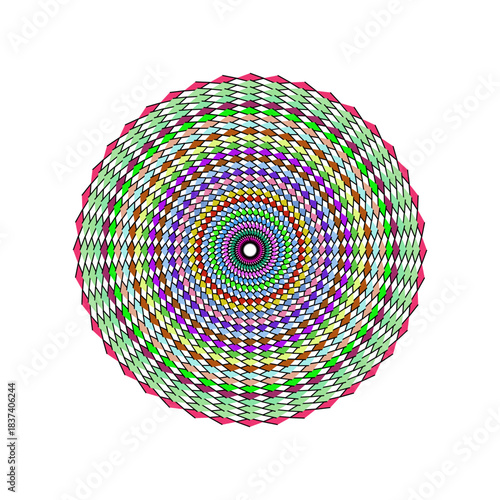 Colorful geometric mandala pattern with spiraling diamond shapes isolated on