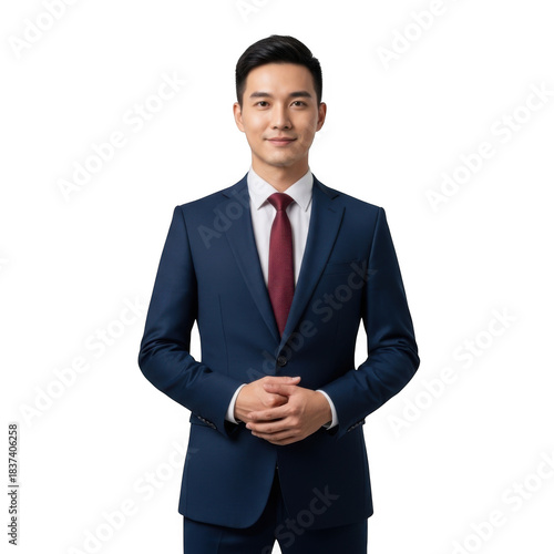 Professional asian businessman in a dark blue suit and red tie with hands clasped in front isolated on transparent background