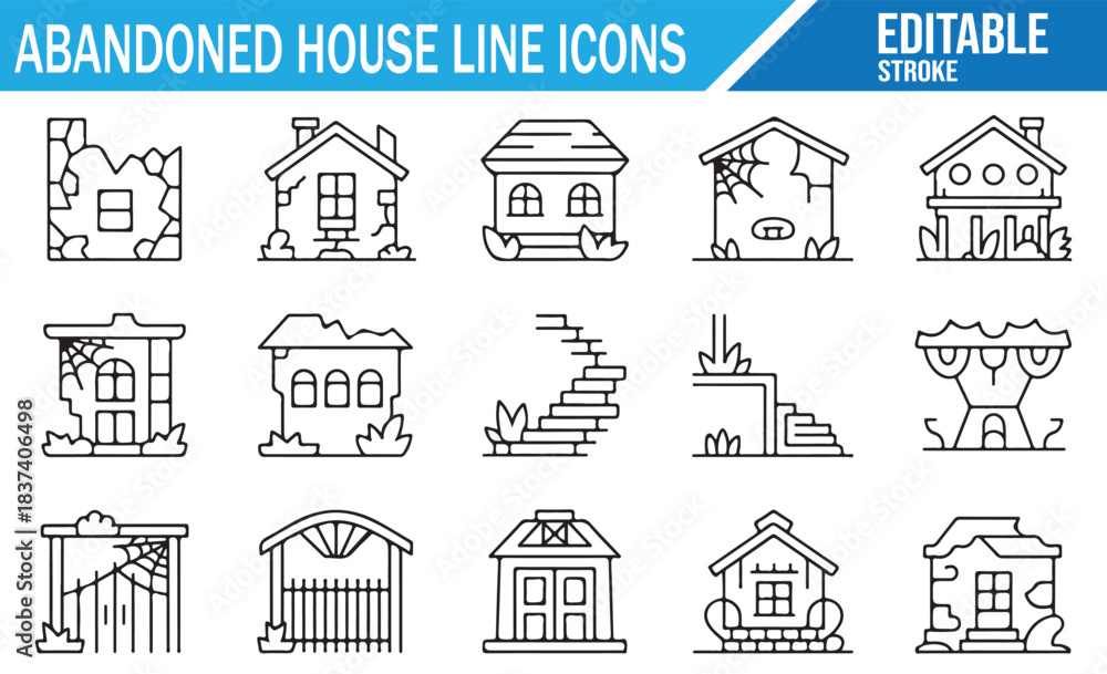 Obraz premium Old and Derelict House Line Icon Pack