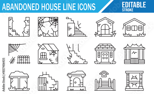 Architectural Abandoned House Line Vector Icons