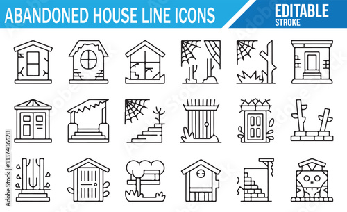 Abandoned House Line Icon Set Editable for Architecture Design