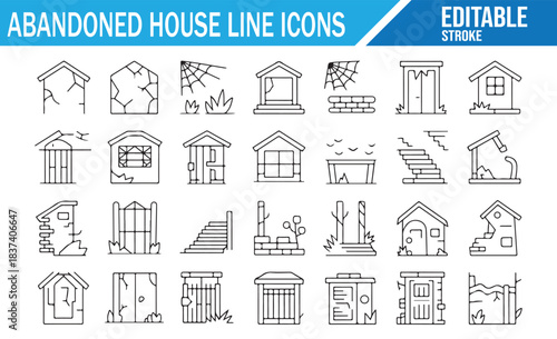 Ruined and Haunted Home Outline Icon Collection