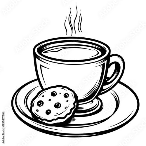 Cup of warm milk with cookies, children's coloring activity and playful food illustration