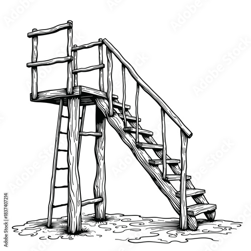 Wooden beach staircase and viewing platform, outdoor access and coastal safety construction