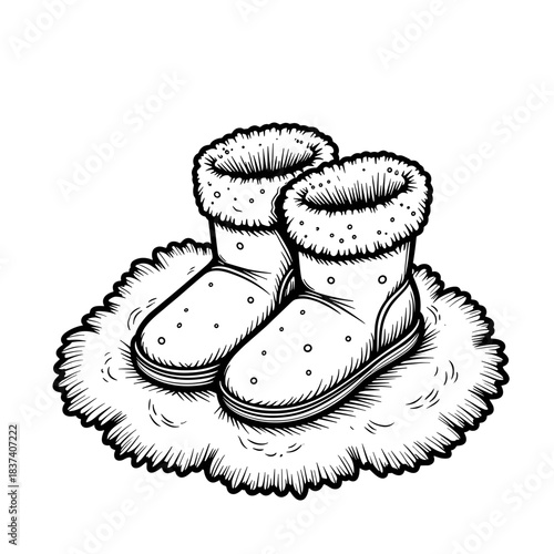 Slippers on Rug with Warm Socks, Kids Coloring Activity and Hand-Drawn Illustration for Children's Creativity