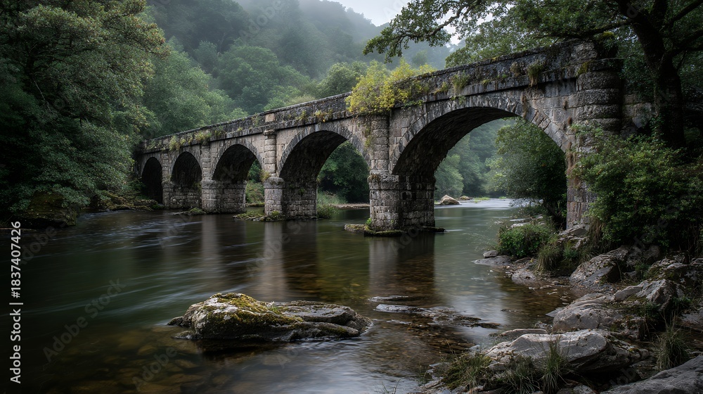 Fototapeta premium stone arch bridge spans a river in a green landscape