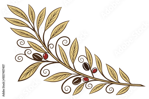An elegant branch adorned with coffee beans and leaves, vector
