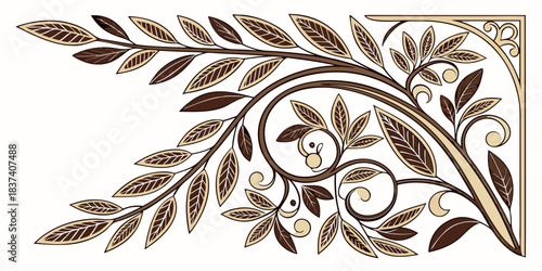 Decorative vector corner element with leaves and swirls, vector