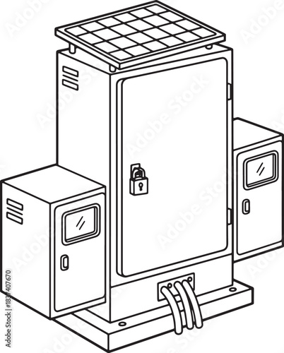 Outdoor Solar Powered Electrical Cabinet Line Art - Telecom Utility Box Isometric Vector Drawing