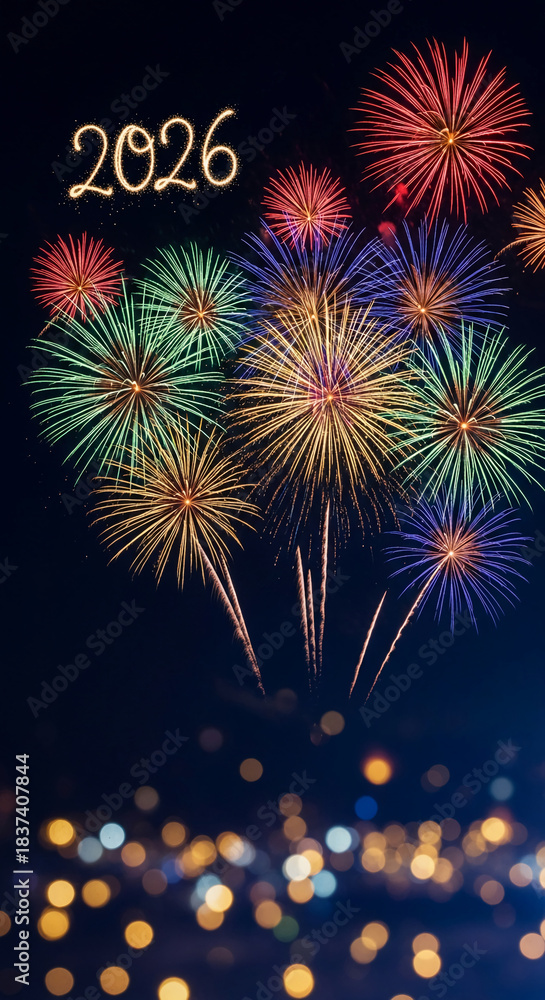 Fototapeta premium Image shows colorful firework against dark night sky with sparkling 