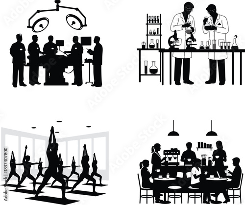 Occupations and Lifestyles Quad Silhouettes - Medical, Science, Wellness, and Socializing Vector Set
