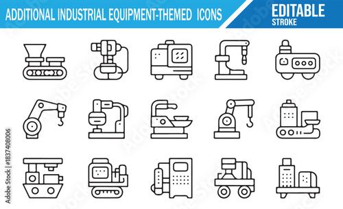 Factory Machinery and Industrial Equipment Outline Icons