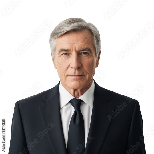 Serious older gentleman in formal business attire featuring a dark suit and tie isolated on transparent background