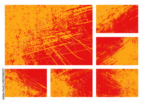 Set of orange and red grunge textures with scratched, distressed surfaces. Ideal for backgrounds, overlays, posters, and bold graphic design projects.