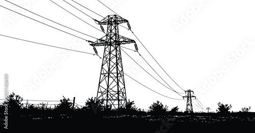 High-Voltage Transmission Pylons Silhouette on Horizon - Electrical Power Grid Tower Landscape Vector
