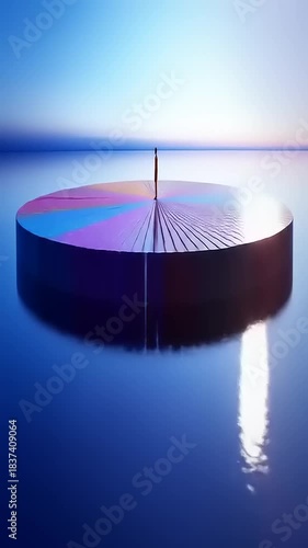 Abstract Colorful Circular Object Rotating on Blue Surface with Reflective Light.
