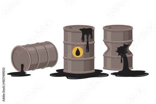 Oil leak. Industrial illustration of oil barrels. Ideal for fuel industry concepts, environmental problems, environmental topics, and economic infographics