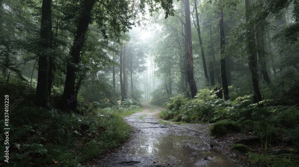 Fototapeta premium A dirt path winds through a dense forest surrounded by tall trees. Fog hangs low creating a misty atmosphere. The ground is wet from recent rain.