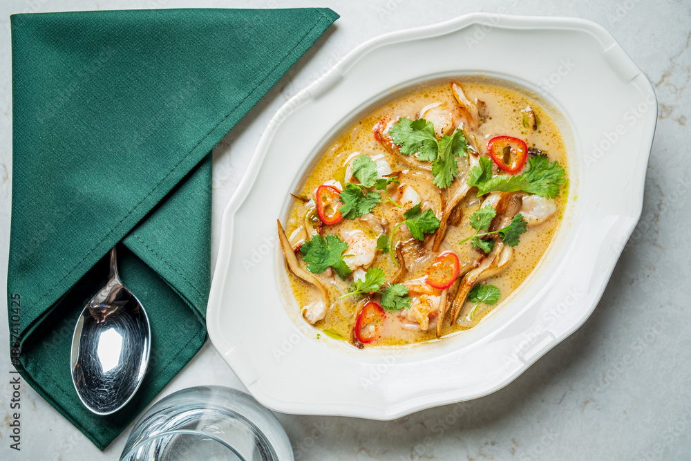 Obraz premium A rich, flavorful soup with shrimp, herbs, and chili sits invitingly, ready to be enjoyed