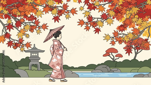 A person in a pink kimono and parasol walks through a Japanese garden with vibrant autumn maple leaves and a stone lantern.