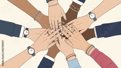 A diverse group of people with different skin tones joining hands in a circle, symbolizing unity and teamwork.