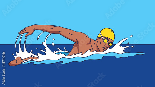 Athlete in Motion: A swimmer, streamlined in the water, cuts through the waves with focused determination, demonstrating skill and strength.