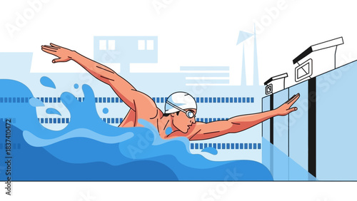 A male swimmer with a white cap and goggles performs the butterfly stroke in a competition pool, with lane lines and starting blocks visible.