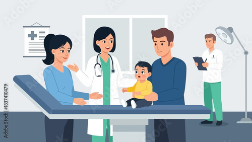Pediatric Consultation: A medical illustration of a young child undergoing a check-up at a doctor's office, showing an attentive practitioner advising a concerned parent.